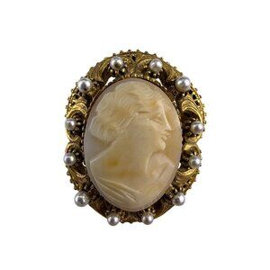 Florenza Gold Tone Womens Cameo Brooch With Faux Pearl Filigree Frame
